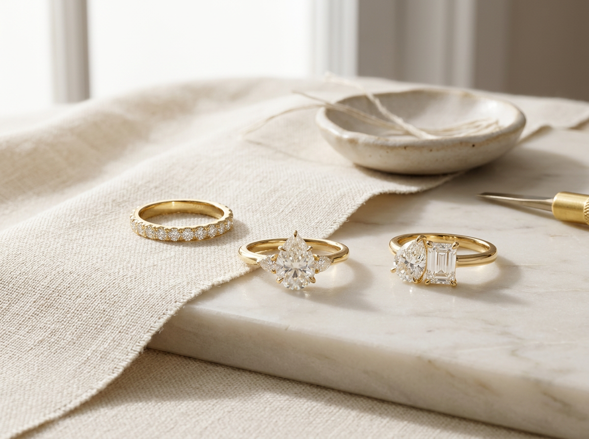 CASALYA rings on linen and marble — atelier still life