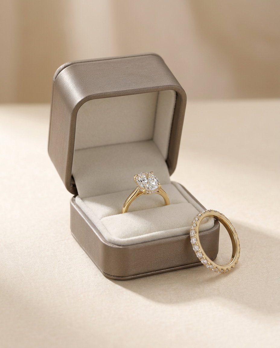 CASALYA Signature Oval ring in its ring box beside the Eternity Pavé ring