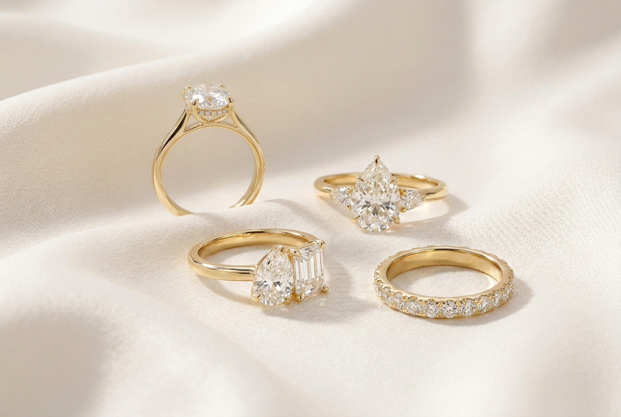 CASALYA moissanite rings on ivory silk — editorial campaign