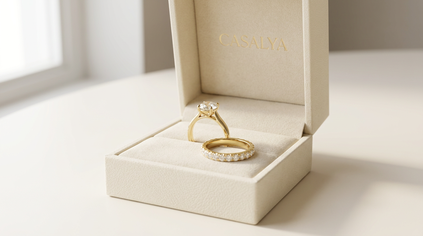 CASALYA luxury jewelry box and rings — packaging editorial